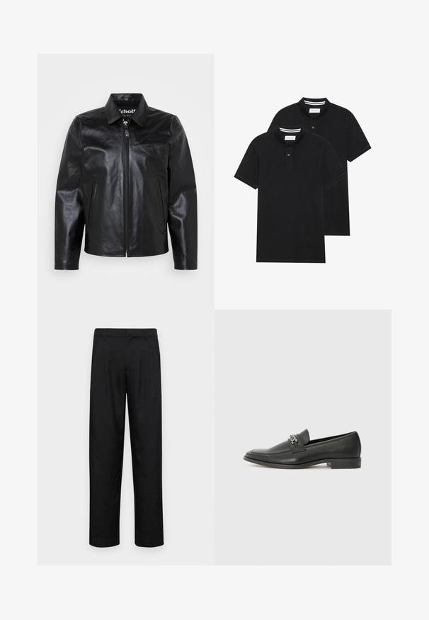 Sort læderjakke med krave, lynlås fortil, to sidelommer og en glat tekstur. Har logo inde i kraven.; To sorte polo T-shirts, kortærmede, lavet af bomuldsstof, med en klassisk krave, to-knaps placket og hvide stribede detaljer indeni kraven.; Sorte bukser lavet af glat stof, med et lige ben-design, to frontfolder og en standard talje med bæltestropper.; Sorte læder loafers med en glat finish, der har et syet design og et dekorativt metal kædeaccent hen over vamps. Flad hæl.
