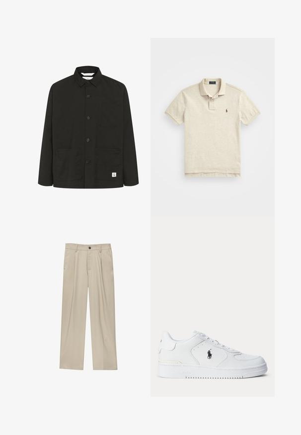 Svart långärmad jacka i mjukt, texturerat tyg med krage, framknappar, en bröstficka och två stora framfickor.; Ljus beige polo t-shirt i mjukt tyg, med klassisk krage, korta ärmar och en liten logotyp på vänster bröst.; Beiga byxor med rak passform, utrustade med en enda svart knapp, bältesöglor och sidofickor. Slät tygkänsla och minimalistisk design.; Vitt sportskor med strukturerad läderöverdel, rund tå, platta snören och en svart logotyp på sidan. Gummisula med mönster för grepp.