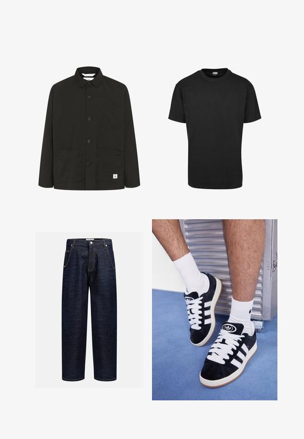 Fekete, hosszú ujjú dzseki puha, textúrált anyagból, amely gallérral, elülső gombokkal, egy mellzsebbel és két nagy elülső zsebbel rendelkezik.; Fekete pamut póló kerek nyakkivágással, rövid ujjakkal és egyenes aljjal. Simaság jellemzi; egyszerű, díszítetlen dizájn.; Sötét farmernadrág egyenes szabással, öt zsebbel, réz szegecsekkel és eltérő varrással az illesztéseknél.; Fekete velúr sportcipők fehér fűzőkkel és három fehér csíkkal. A nyelvén egy kör alakú fekete logó található, valamint egy gumis talp.