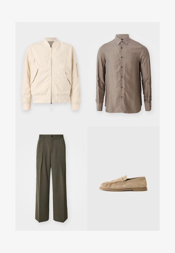 Helebeež bomber-jakk, mis on valmistatud puuvilla segust. Omab lukuga sulgemist, kahte eesmist taskut ja üht käistaskut. Ribitud mansetid ja serv.; Pikkade varrukatega särk taupe värvuses, valmistatud siledast kangast, millel on nööbid ees ja tumedad nööbid, ning rinnas on väike logo.; Filippa K WIDE TROUSERS - Püksid - driftwood; Beige nubukist slip-on loafers, mille palake kujundusega, millel on lame talla ja dekoratiivne rihm vöö vahel. Sile tekstuur.