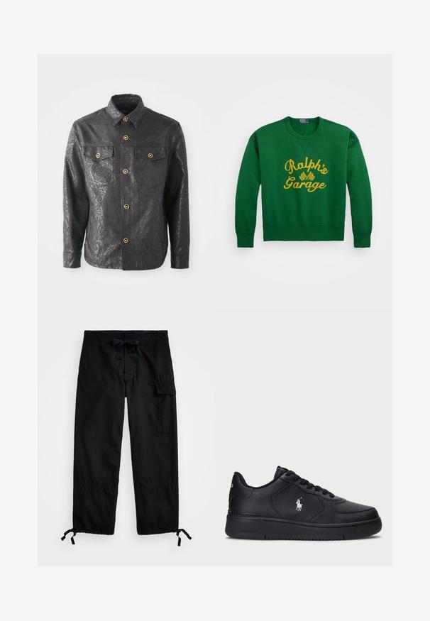 Czarna koszula z guzikami, wykonana z fakturowanej tkaniny, z delikatnym wzorem kwiatowym, złotymi guzikami i dwiema kieszeniami na piersiach.; Zielona bluza z okrągłym dekoltem, z żółtym haftowanym napisem "Ralph’s Garage" oraz detalami w kratkę. Materiał mieszanki bawełny.; Czarne spodnie cargo z elastycznym paskiem w talii i sznurkiem do regulacji. Posiada boczne kieszenie oraz regulowane mankiety z togglami. Wykonane z lekkiego materiału.; Czarne skórzane sneakersy z perforowanym wzorem, płaskim zapięciem na sznurówki i białym haftowanym logo po boku. Gruba czarna gumowa podeszwa.