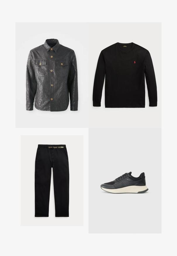 Mustmustern, mille tekstuuriga must särk, millel on peen lillemuster, kuldse tooni nööbid ja kaks rinna taskut.; Must t-särk, millel on pikad varrukad ja mis on valmistatud puuvillast. Omab ümarat kaelaäärt, soonikku üles keeratud varrukaotsi ja väikest punast tikandiga logo rinnal. Sile tekstuur.; Kergedest kootud mustad püksid, millel on elastne vöökoht, integreeritud roheline vöö, sirge jalgade lõige ja küljetaskud.; Mustmustel must ja perforatsioonidega võrgust pehme pealispind, kreemiline tekstureeritud vahevööt ning kummist välistald, mis pakub haarduvust.