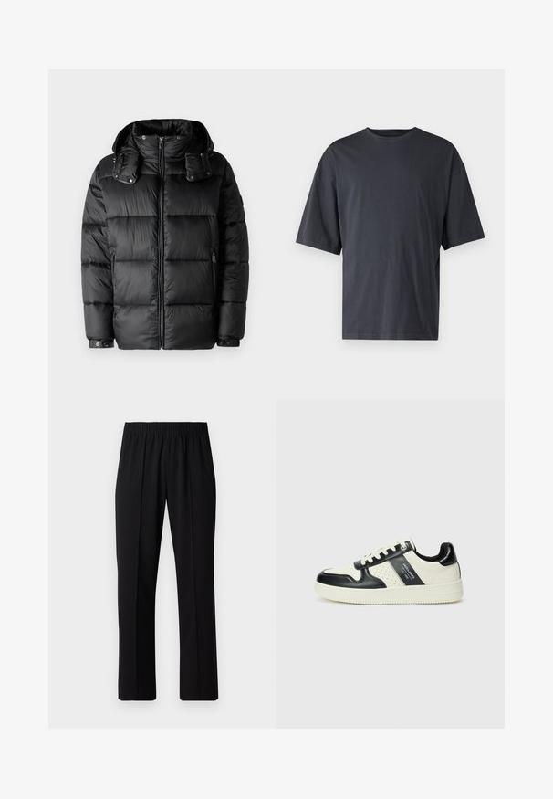 Black puffer jacket with a high collar, zip-up front, and two side zip pockets. Features padded sections and buttoned cuffs. Smooth texture.; Dark gray short-sleeve t-shirt made of lightweight cotton, featuring a loose fit and classic crew neckline, with plain texture and no patterns.; Black, elastic-waist trousers with a straight-leg design, featuring a smooth texture and no visible patterns or hardware.; Leather sneakers with a black and cream color scheme, featuring perforated accents, a padded collar, and a textured outsole.