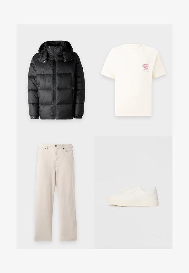 Jachetă puf cu culoare neagră, cu guler înalt, fermoar în față și două buzunare laterale cu fermoar. Prezintă secțiuni umplute și manșete cu nasture. Textură netedă.; Tricou alb cu mânecă scurtă, având text roșu "Studio Originals Edition" pe partea stângă a pieptului, expus pe un fundal gri neutru.; Pantaloni din bumbac bej cu un croi drept, având o textură cu dungi, un design cu cinci buzunare și sistem de închidere cu nasturi.; Tenisi albi slip-on cu o suprafață texturată, talpă groasă și un design minimalist. Prezintă logo-ul brandului pe lateral.