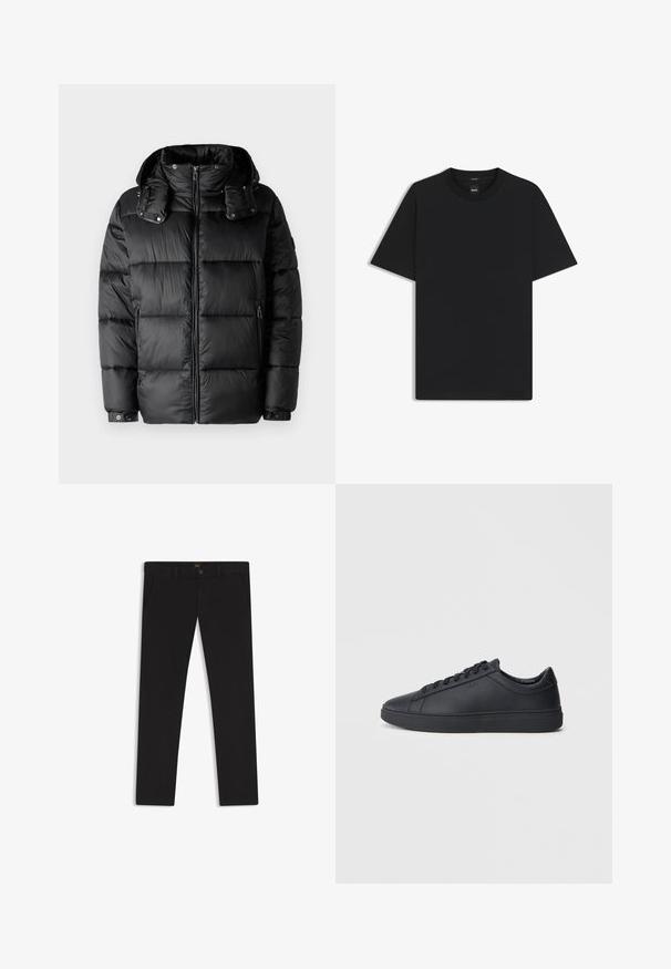 Czarna kurtka puchowa z wysokim kołnierzem, z zamkiem z przodu i dwoma bocznymi kieszeniami na zamek. Posiada wyściełane sekcje i zapinane na guziki mankiety. Gładka faktura.; Czarny t-shirt krótki rękaw wykonany z gładkiej mieszanki bawełny, z okrągłym dekoltem i minimalistycznym designem bez wzorów czy akcentów.; Czarne spodnie uszyte z materiału o gładkiej teksturze. Posiadają zapięcie na guzik, szlufki na pasek oraz boczne kieszenie. Standardowy krój prostych nogawek.; Czarne trampki wykonane z gładkiej skóry, w niskim kroju, z okrągłym noskiem i płaską gumową podeszwą. Posiadają sznurówki oraz dyskretną markę.