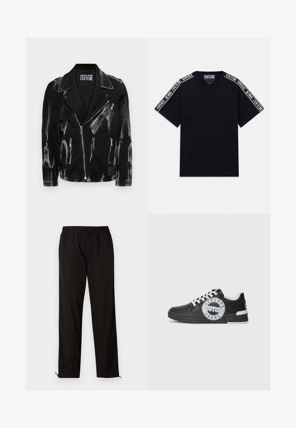 Melnas denima motokrosa jaka ar nolietotu apdari, ar sudraba rāvējslēdzējiem, asimetrisku priekšējo rāvējslēdzēju un pogāmu apakšmalu. Zīmola etiķete iekšpusē.; Melnas īsām piedurknēm T-krekls ar baltām "Versace Jeans Couture" teksta joslām, kas iet gar pleciem un augšējām piedurknēm.; Melni viegli bikses ar elastīgu jostu, aukliņu aizdari un rāvējslēdzēju apakšmalā regulējamai fitē. Gluda, eleganta tekstūra.; Melnas ādas sporta kurpes ar baltām akcentiem, apaļu logo detaļu, perforētu purngali un kontrastējošu zoli. Iekļautas baltas šņorītes un zīmols.