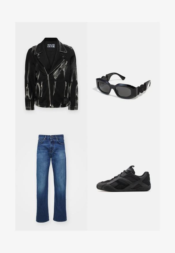 Juodas džinsinis motociklininkų švarkas su nusidėvėjusia apdaila, sidabriniais užtrauktukais, asimetriniu priekinio užtrauktuko užsegimu ir mygtukais užsegamais atlapais. Viduje yra prekės etiketė.; Balta polo marškinėliai, pagaminti iš medvilnės, su geltonomis juostelėmis ant apykaklės ir rankovių, su siuvinėtu logotipu ant krūtinės.; Mėlynos džinsinės kelnės su tiesiais šonais, su priekinėmis kišenėmis, diržo kilpomis ir šiek tiek išblukusių vietų šlaunų srityje. Patvari audinio tekstūra.; Juodos sportinės avalynės su lygių ir tekstūruotų medžiagų deriniu, išsiskiriančiu dizainu, formuotu padu ir ryškiais prekės ženklo atributais.; Juodos saulės akinių su plačiu, kampuotu rėmu ir tamsiais lęšiais. Savybės: tekstūruotos juodos šoninės dalys ir apvalus logotipo akcentas ant šventyklių.