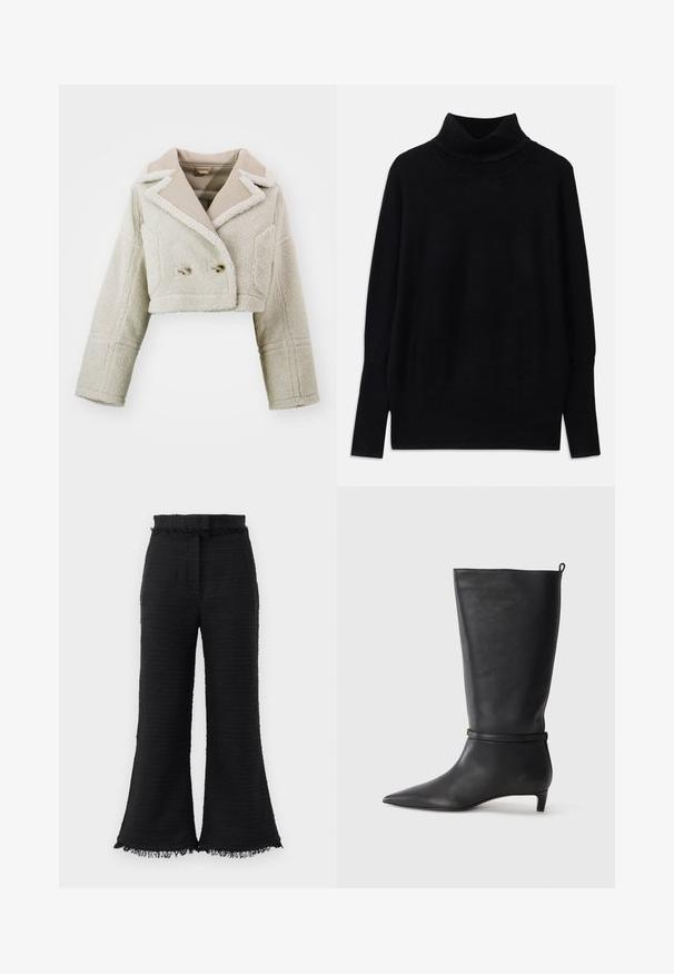Korte jakke i lys beige med en struktureret, fuzzy stof, kontrasterende glat krave, dobbeltbrystet front og to sidelommer.; Sort turtleneck sweater lavet af blødt stof, med ribbede detaljer ved kraven og manchetterne, i en afslappet pasform og med sideslids.; Sorte vide benbukser i tekstureret stof, med frynset kant og elastisk talje. Designet har en glat overflade og en afslappet pasform.; Sorte læder knæhøje støvler med spidse tæer, fremhævet af et rundt bånd omkring anklen og en lav, tapered hæl. Glat tekstur.