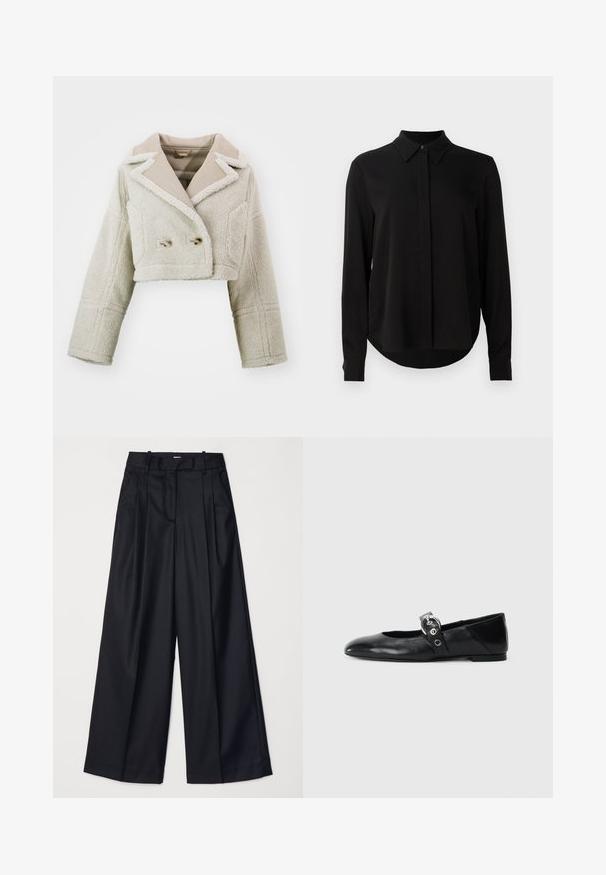 Kort jasje in lichtbeige, met een gestructureerde, fuzzy stof, contrasterende gladde kraag, dubbel-breasted voorkant en twee zijzakken.; Zwarte blouse met lange mouwen, spitse kraag, verborgen knoopsluiting en afgeronde zoom tegen een eenvoudige witte achtergrond.; Zwarte wijde broek van soepel materiaal, met een hoge taille, plooien en een getailleerd ontwerp. Eenvoudige zwarte details bij de taille.; Zwarte leren balletschoenen met een spitse neus, voorzien van een band met een ronde metalen gesp en een platte zool.