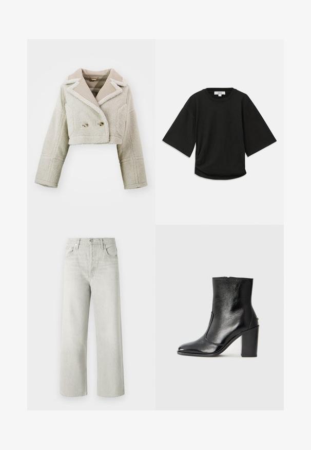 Κοντό σακάκι σε ανοιχτό μπεζ, με υφή φανελένιου υφάσματος, αντίθετο λείο γιακά, διπλό εμπρός κλείσιμο και δύο πλαινές τσέπες.; Μαύρο κοντομάνικο μπλουζάκι από μαλακό βαμβάκι, με στρογγυλή λαιμόκοψη και άνετη εφαρμογή, διαθέτοντας μία διακριτική ραφή στο πλάι.; Ανοιχτό γκρι παντελόνι τζιν σε φαρδιά γραμμή, με ψηλή μέση, μπροστινές τσέπες και κλείσιμο με κουμπί και φερμουάρ.; Μαύρο δερμάτινο μποτάκι έως τον αστράγαλο με απλή υφή, μυτερή μύτη και χοντρό ψηλό τακούνι. Διαθέτει πλαϊνό άνοιγμα και μινιμαλιστικό σχέδιο.