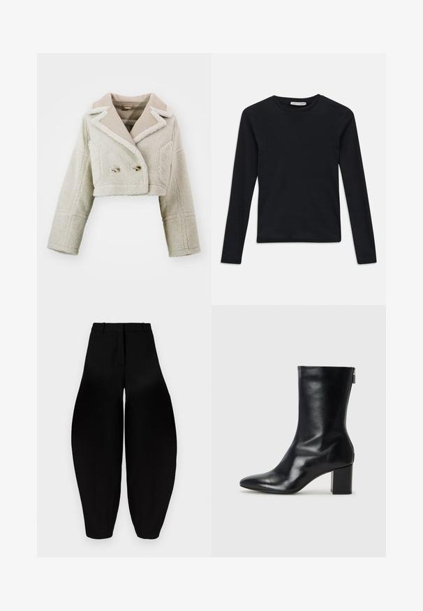Chaqueta recortada de color beige claro, con un tejido de textura suave y aterciopelado, cuello liso en contraste, frente de doble botonadura y dos bolsillos laterales.; Camiseta de manga larga negra de cuello redondo con corte ajustado, diseño liso y una pequeña etiqueta "Tiger of Sweden" en el interior del cuello.; Pantalones negros de pierna ancha con cintura alta, frente plisado y tobillos estrechos. Fabricados en un tejido suave con acabado mate.; Bota de cuero negro hasta el tobillo con punta afilada y tacón de bloque de 4 cm. Su diseño elegante incluye una cremallera lateral para facilitar su uso. Textura suave.