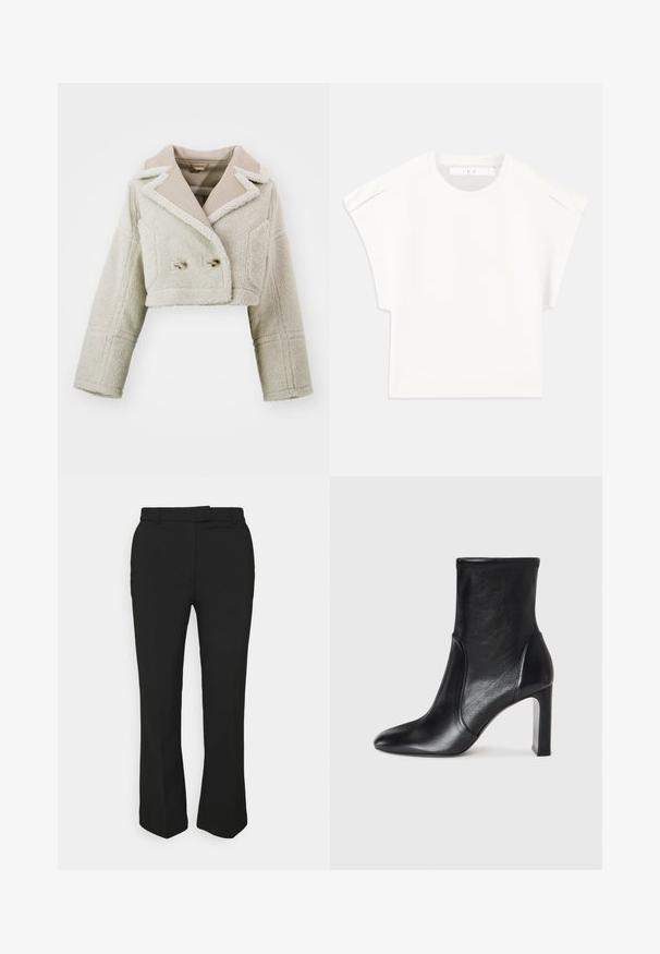 Cropped jacket in light beige, featuring a textured, fuzzy fabric, contrasting smooth collar, double-breasted front, and two side pockets.; White boxy t-shirt with short sleeves. Made from smooth fabric, featuring a round neckline and subtle shoulder accents. Simple design.; Black tailored pants with a straight-leg design, featuring belt loops and side pockets. Made from smooth fabric with a clean finish.; Black leather ankle boot with a sleek design, pointed toe, and a high block heel. Features smooth texture and minimalistic stitching detail.