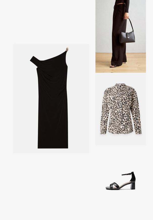 Chemise à boutons en imprimé léopard, à manches longues, avec deux poches avant et des boutons métalliques. Le tissu semble texturé avec une finition douce.; Robe noire asymétrique faite de tissu drapé, dotée d'un accent doré sur l'épaule, d'une texture lisse et d'un design mi-cuisse.; Sandale à talon ouvert noire avec des brides croisées, une sangle de cheville ajustable et un talon épais, dotée d'une texture en cuir lisse.; Sac à main noir à la forme structurée, texture lisse et fermoir métallique. Associé à un pantalon noir ample et des sandales ouvertes sur un sol en bois.