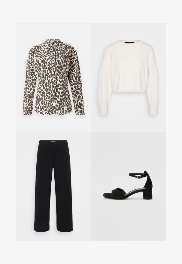 Leopardenmuster Hemd mit Knöpfen, langen Ärmeln, zwei Fronttaschen und metallischen Knöpfen. Der Stoff erscheint strukturiert mit einer weichen Oberfläche.; Weißer, kurzer Pullover aus weichem Material, mit rundem Halsausschnitt und langen, leicht übergroßen Ärmeln mit gerippten Bündchen.; Schwarze weit geschnittene Hose mit elastischem Bund. Hergestellt aus einem strukturierten Material, mit lockerer Passform und geradem Schnitt von der Hüfte bis zum Saum.; Schwarze Wildleder-Espadrilles mit einem dünnen Knöchelriemen, offener Zehenpartie und moderatem Blockabsatz. Glatte Textur und minimale Akzente.