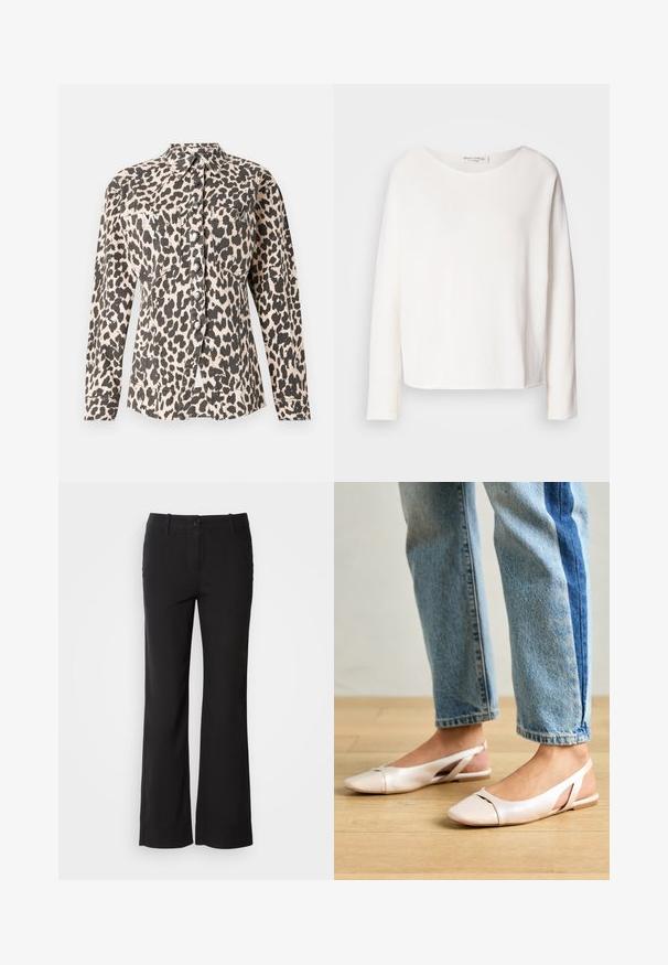 Pletet skjorte med leopardmønster og lange ærmer, to forlommer og metallic knapper. Stoffet virker tekstureret med en blød finish.; Langærmet, rundhalset top i blødt, let hvidt stof med en afslappet pasform. Har en ren kant og ingen synlig hardware.; Sorte bomuldsblandede bukser med lige ben-design, frontknaplukning og to sidelommer. Glat tekstur, ingen synlige mønstre.; Lyserøde slingback flade sko med spidse tær, lavet af et glat læderlignende materiale. Har udskæringsdetaljer på siderne og en flad hæl.