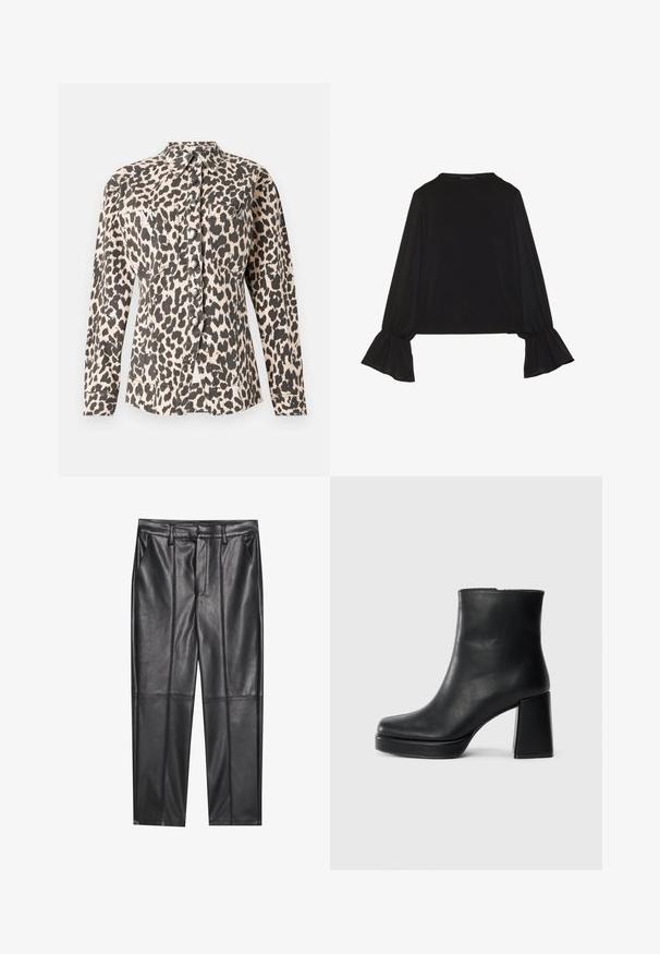Leopardi musteriga nööpidega särk pikkade varrukatega, kahe esikotiga ja metallist nööpidega. Kangas näib tekstuurne ja pehme viimistlusega.; Mustsärgid musta tooniga, pika varrukaga, flöödid käised, pehme tekstuur ja vabalt langev lõige, lihtsa ümaraga kaelusega.; Mustad nahkpüksid sileda tekstuuriga, sirge lõikega, kahe eesmine taskuga ja nähtavate õmblusteta.; Must musta ankle boot, milleplokk-konts ja platvormi tallaga, vaadatud küljelt ühetoonilise valge tausta peal.