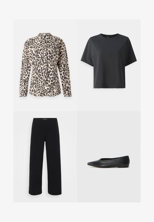 Leopardenmuster Hemd mit Knöpfen, langen Ärmeln, zwei Fronttaschen und metallischen Knöpfen. Der Stoff erscheint strukturiert mit einer weichen Oberfläche.; Schwarzes Baumwoll-T-Shirt, kurze Ärmel, Rundhalsausschnitt, lässige Passform, glatte Textur, einfaches Design, keine Muster oder Akzente.; Schwarze weit geschnittene Hose mit elastischem Bund. Hergestellt aus einem strukturierten Material, mit lockerer Passform und geradem Schnitt von der Hüfte bis zum Saum.; Schwarze Leder-Balletschuhe, spitze Zehenform, minimalistische Gestaltung, glatte Textur, niedriger Absatz, keine sichtbaren Beschläge oder Verzierungen.