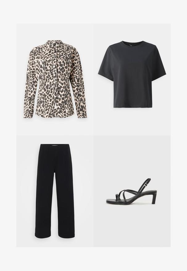 Luipaardprint overhemd met knopen en lange mouwen, twee voorkzakken en metalen knopen. De stof lijkt een gestructureerde uitstraling te hebben met een zachte afwerking.; Zwarte katoenen t-shirt, korte mouwen, ronde hals, losse pasvorm, gladde textuur, eenvoudig ontwerp, geen patronen of accenten.; Zwarte wijde broek met een elastische tailleband. Gemaakt van een gestructureerd materiaal, met een losse pasvorm en rechte snit van heup tot zoom.; Zwarte sandaal met bandjes, vierkante teen en een lage blokhak. Voorzien van meerdere dunne bandjes en een verstelbare enkelband. Gemaakt van zacht leer.