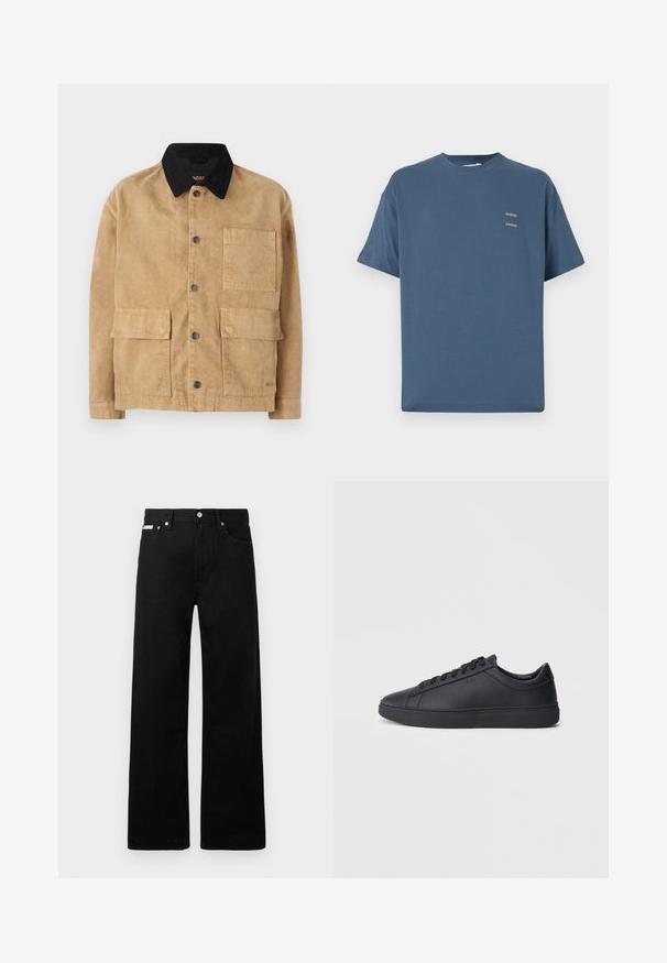 Kreemja kott, helepruun, musta kraega, millel on ees nuppude sulgemine, kaks suuri eesmist taskut ja üks rindetasku.; Sinine puuvillane T-särk klassikalise ümmarguse kaelusega, lühikeste varrukatega, vabalt istuv ning kahel väikesel prinditud logol rinnal. Sile tekstuur.; Mustadest denimist püksid laiade jalgadega, viie tasku ja metallist nööpidega. Sile tekstuur, nähtavad mustrid puuduvad.; Mustad mustad mustad paelaga, ümmarguse ninaga ja tasase kummist tallaga madala lõikega mustad nahkjalatsid. Omab paelu ja peent brändingut.