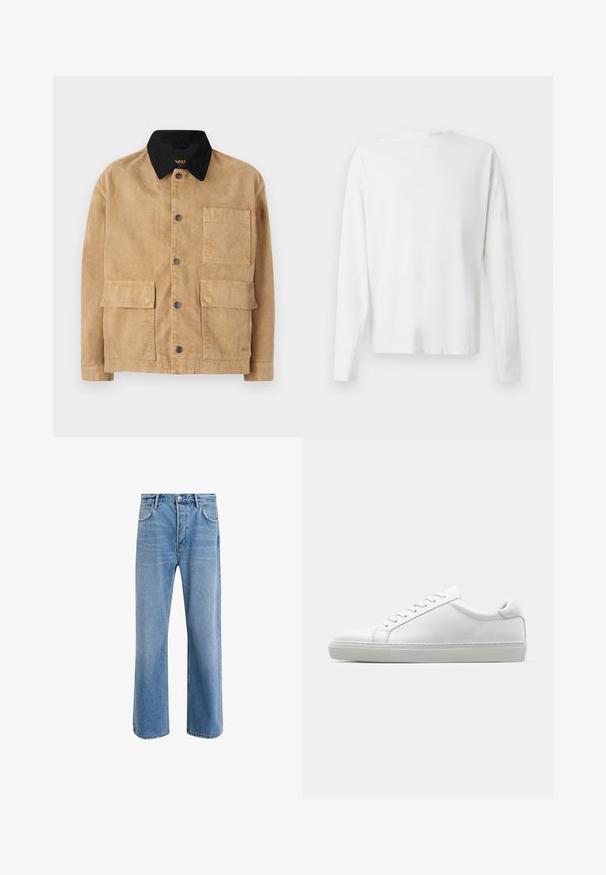 Cotton jacket in light brown with a black collar, featuring front button closure, two large front pockets, and a single chest pocket.; Long-sleeved white cotton shirt with a round neckline, side slits at the bottom, and a smooth texture, displayed from the back.; Light blue denim jeans with a straight-leg design, five pockets, button closure, minimal fading, and contrasting stitching details.; White sneaker with a smooth leather upper and a low profile. Features a rounded toe, six eyelets, and a textured rubber sole.