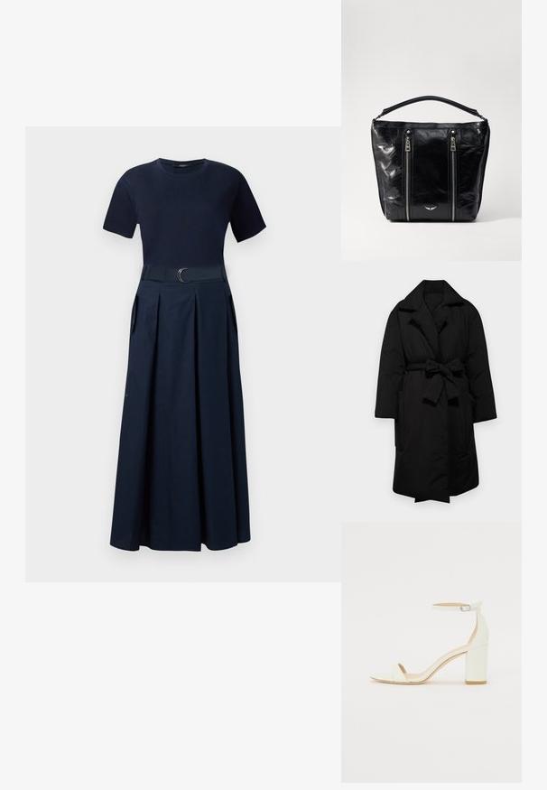 Crni podstavljeni kaput s pojasom u struku, širokim ovratnikom i dugim rukavima. Ima dva bočna džepa i glatku, teksturiranu završnicu.; Marlina plava haljina s kratkim rukavima, uskim gornjim dijelom i nabranim suknjama. Ima odgovarajući pojas s kružnom kopčom. Glatka tekstura tkiva.; Bijela kožna sandala na blok petu s remenom oko zapešća i minimalističkim dizajnom. Otvoreni nos i glatke teksture kroz cijelu obuću.; Crna lakirana torba s dvostrukim prednjim patent zatvaračima, strukturnog oblika i kratkim drškama. Ima mali srebrni logo na dnu.