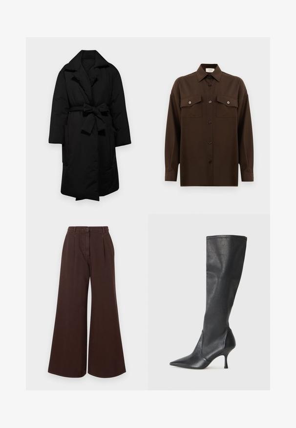 Casaco acolchoado preto com cintura com cinto, colarinho largo e mangas longas. Apresenta dois bolsos laterais e um acabamento suave e texturizado.; Camisa de botões de manga longa castanho-escuro, com dois bolsos de aba no peito e um colarinho clássico, apresentada contra um fundo branco liso.; Calças largas de cintura alta, castanhas, com fecho de botão e zíper, passantes para cinto e pregas frontais.; Botas de couro pretas até ao joelho, com bico apontado e um salto stiletto fino. Textura suave com design ajustado e costura na borda superior.