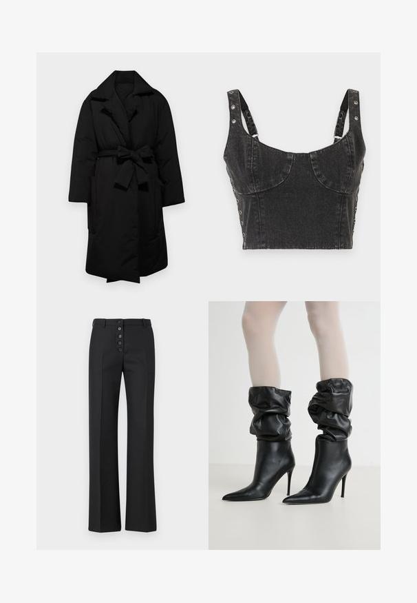 Černý zateplený kabát s páskem v oblasti pasu, širokým límcem a dlouhými rukávy. Obsahuje dvě boční kapsy a hladký, strukturovaný povrch.; Ksubi DAUPHINE BUSTIER SHADOW - Top - black; The Kooples PANTALON - Kalhoty - black; Černé kožené kotníkové boty s volným designem, špičatou špičkou a vysokým stiletto podpatkem, s měkkým, texturovaným povrchem kolem manžety.