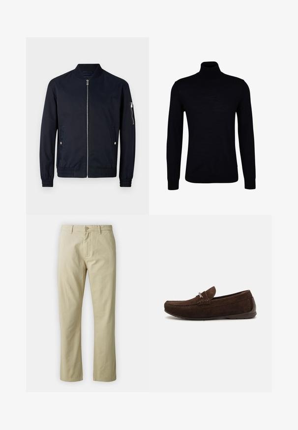 Jūras spēku bumbvedējs, izgatavots no гладка, viegla auduma. Satura priekšējo rāvējslēdzēju, ribotu apkakli un sānu kabatas ar sudraba akcentiem.; Melnā augstā apkakle džemperis, izgatavots no gluda adījuma materiāla. Iezīmes garas piedurknes, pieguļošs kakls, kā arī ribotas aproces un apakša, nodrošinot ciešu piegulšanu.; Balta kokvilnas krekla garajām piedurknēm ar pogām, kura dizainā ir klasiskā apkakle, priekšējās pogas un minimālistiska šuvju detaļa.; Beidzīgo kokvilnas bikses ar taisnu kāju piegriezumu, priekšējo pogu aizdari un jostas cilpām. Gluda tekstūra, nav redzamu rakstu vai akcentu.; Brūni zamšaini loaferi ar izšūtu dizainu, smalku tekstūru, noapaļotu purngalu un sudraba aksesuāru. Zema gumijas zole komfortam.