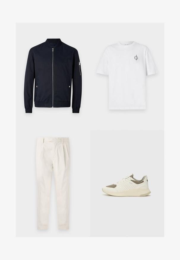 Mornarica bomberska jakna iz gladkega, lahkotnega materiala. Ima sprednji zadrgo, rebrast ovratnik in stranske žepke s srebrnimi detajli.; Bela bombažna majica s sproščenim krojem, ki ima majhen črn grafični logotip na levem prsnem delu. Kratke rokave, okrogel izrez.; Bele, plisirane hlače s krojenim prileganjem, z gladko teksturo, z zankami za pas in ožjimi hlačnicami. Brez vidnih žepov ali vzorcev.; Beli in svetlo bež športni copat, s mrežastim zgornjim delom, perforiranimi detajli in teksturirano srednjim delom z blagovno znamko na peti.