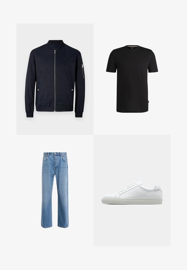 Mornarska bombarder jakna izrađena od glatkog, laganog materijala. Ima prednji zatvarač, rebrasti okovratnik i bočne džepove sa srebrnim detaljima.; Crna kratka majica s kratkim rukavima od glatkog pamuka s okruglim izrezom. Ima diskretnu oznaku brenda s lijeve strane blizu rubnog dijela.; Svijetloplave traperice s ravnim nogavicama, pet džepova, zatvaranjem na gumb, minimalnim izbljeđivanjem i kontrastnim šavovima.; Bijela tenisica s glatkim kožnim gornjim dijelom i niskim profilom. Ima zaobljen vrh, šest rupica za vezanje i teksturiranu gumenu podlogu.