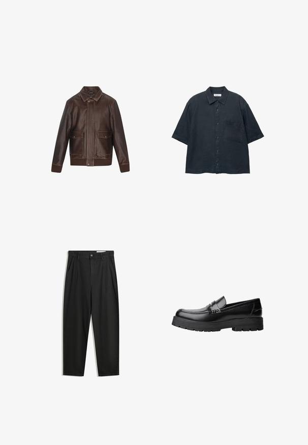 Smeđa kožna jakna s ušiljenim ovratnikom, dva prednja džepa, rebrastim manžetama i rubom. Glatka tekstura s kontrastnim šavovima.; Tamno plava košulja kratkih rukava na dugmad od lagane tkanine, s džepom na prsima i klasičnim dizajnom ovratnika.; Crne pamučne hlače s opuštenim krojem, s klasičnim pojasom, prednjim nabranjima i bočnim džepovima. Glatka tekstura bez uzoraka.; Crna kožna mokasina s debelim potplatima i dekorativnom trakom preko gornjeg dijela, prikazana u lijevom bočnom profilu na bijeloj pozadini.