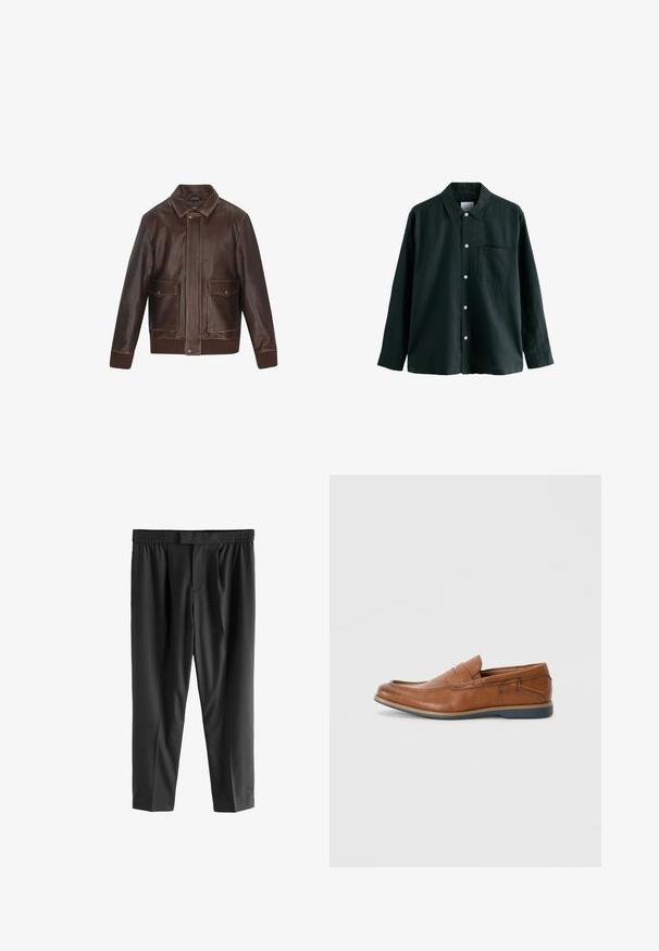 Pruun nahast jakk terava kraega, kaks esist pocketit, soonikkud ja ääreosa. Sujuv tekstuur kontrastsete õmbluse detailidega.; Tume roheline nööbitav särk, millel on krae, pikad varrukad ja üks rindade tasku; sisaldab valgeid nööpe ja pehmet tekstuuri.; Next REGULAR FIT -CHECK SMART - Chino-püksid - black; Prunadest nahkkingad ümmarguse varbaga, õmmeldud detailide ja madala kummitaldaga. Disain sisaldab riba üleval.