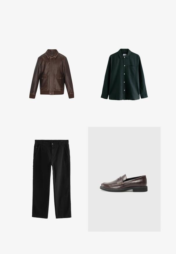 Pruun nahast jakk terava kraega, kaks esist pocketit, soonikkud ja ääreosa. Sujuv tekstuur kontrastsete õmbluse detailidega.; Tume roheline nööbitav särk, millel on krae, pikad varrukad ja üks rindade tasku; sisaldab valgeid nööpe ja pehmet tekstuuri.; Mustpeadest puuvillased püksid otselegii disainiga, millel on ees asuv nööbi sulgemine, kaldenurkadega külgtaskud ja peened õmblemise detailid.; PRUUNID NAASTE NAHK LOFAERID sileda pinnaga, millel on peene õmblustunne ülemise serva juures ja must kummitald.