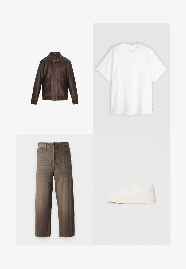 Ruda odinė striukė su smailu apykakle, dviem priekinėm kišenėm, raštuotais rankogaliais ir apačia. Lygus paviršius su kontrastingais siuvinėjimo akcentais.; Baltas trumpas rankovės marškinėlis, pagamintas iš medvilnės, su apvalia iškirpte. Priekyje yra subtilus iškilus logotipas ir raudonas etiketas ant apačios.; Rudos platūs džinsai, pagaminti iš džinsinio audinio. Yra užtrauktukas, diržo kilpos ir penki kišenės. Audinys atrodo išblukęs, su tekstūrine išvaizda.; Baltos slip-on sportbačiai su tekstūruota paviršiumi, storesniu padu ir minimalistišku dizainu. Šone matosi prekės ženklo logotipas.