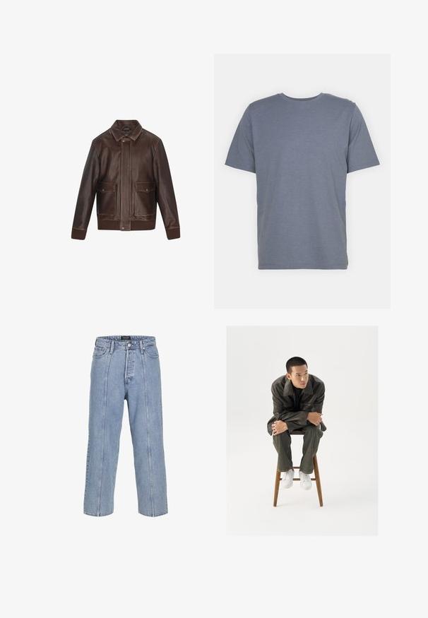 Rjava usnjena jakna s ostrim ovratnikom, dvema sprednjima žepoma, rebrastimi manšitnami in robom. Gladka tekstura s kontrastnimi šivi.; Siv majica s kratkimi rokavi in okroglo ovratnikom, izdelana iz mehkega bombažnega blaga. Preprost dizajn, brez vzorcev ali dodatkov.; Svetlo modri kavbojasti hlače ohlapnega kroja s širokimi nogavicami in vidnimi šivi. Imajo gumb in zadrgo ter pet žepov.; Rjav usnjen jopič s širokim ovratnikom, v kombinaciji s temno zelenimi kavbojkami in belimi športnimi čevlji. Model sedi na lesenem stolu.