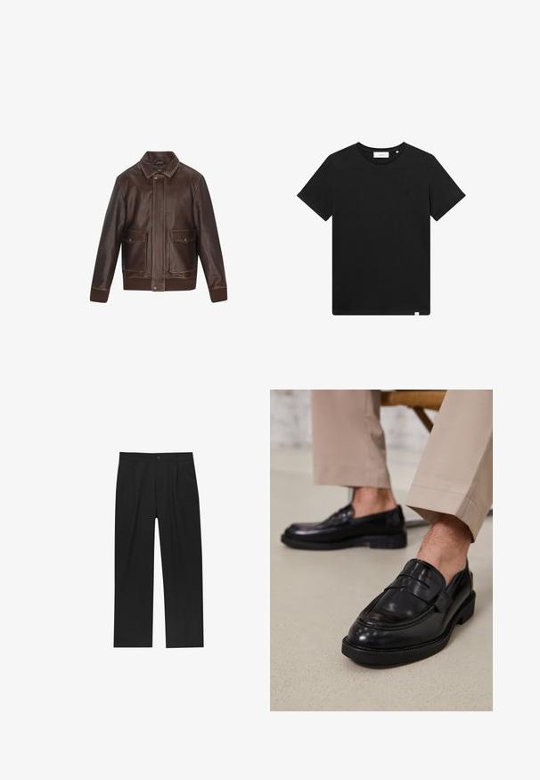 Bruine leren jas met een puntige kraag, twee voorzakken, geribde manchetten en zoom. Soepele textuur met contrasterende stikdetails.; Zwarte T-shirt met korte mouwen van katoen, met een ronde hals en een klein logo geborduurd op de borst. Soepele textuur, normale pasvorm.; Zwarte broeken met een recht model, gemaakt van een gladde stof. Voorzien van een voorplooien en een enkele knoopsluiting bij de taille.; Zwarte leren loafers met een gladde afwerking, voorzien van een decoratieve band en contrasterende stiksels, gecombineerd met beige broeken.