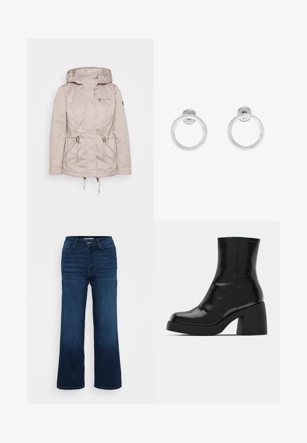 Bežinė vandeniui atspari striukė su kapuci, reguliuojamais raišteliais, dviem priekiniams kišenėms ir užtrauktuku užsegama krūtinės kišene. Lygi tekstūra, kasdienis dizainas.; Even&Odd Petite 2 PACK - Viršus - light grey/black; ONLY Petite ONLMADISON BLUSH WIDE - Platėjantys džinsai - dark blue denim; Juodi kulkšniniai batai su blizgiu paviršiumi, kvadratiniu pirštu ir storu blokiniu kulnu. Dizainas pasižymi be siūlių siluetu ir minimalia ženklinimo. ; Sidabriniai metaliniai auskarai žiedų pavidalu su šveitimo tekstūra, turintys apvalų dizainą ir skaidrų laikiklį saugiam dėvėjimui.