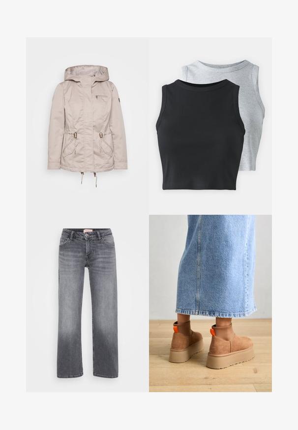 Beige waterproof jacket with a hood, adjustable drawstrings, two front pockets, and a zippered chest pocket. Smooth texture, casual design.; Even&Odd Petite 2 PACK - Top - light grey/black; Gray denim jeans with a straight leg design, five-pocket style, subtle fading, and a button closure at the waist.; Brown suede platform boots with elastic side panels and orange pull tabs, paired with a knee-length light denim skirt on a wooden floor.