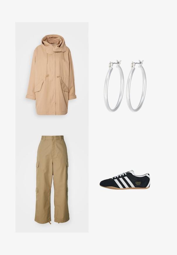 Beigā kapucēta jaka ar auklu, frontālajiem kabatām un brīvu piegriezumu. Izgatavota no viegla auduma, tai ir noapaļota apkakle un ruļļoti piedurknes.; Divi balti kokvilnas t-krekli ar īsām piedurknēm, apaļām kakla izgriezumiem un pieguļošu siluetu, ar gludu tekstūru un minimālistisku dizainu.; Bēša kravas bikses ar augstu jostasvietu, platām kājām un četriem lieliem sānu kabatām. Izgatavotas no izturīgas auduma ar gludu tekstūru un minimālām detaļām.; Melns zamšādas sporta apavi ar baltiem trim svītrām, zelta logotipu un brūnu gumijas zoli. Iezīmes zemas profila sasaistes dizains.; Sudraba riņķveida auss gredzeni ar gludu, pulētu apdari. Apaļa forma un drošs klikšķa augšējais slēgums. Viegls dizains, kas piemērots ikdienas valkāšanai.