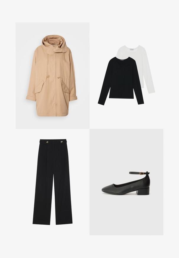 Beige Kapuzenjacke mit Kordelzug, Fronttaschen und lockerer Passform. Hergestellt aus leichtem Material, hat sie einen abgerundeten Kragen und aufgerollte Bündchen.; Zwei Langarmoberteile, eines schwarz und eines weiß, beide mit einem quadratischen Ausschnitt und aus weichem, dehnbarem Stoff.; Schwarze weite Hosen mit hoher Taille, Knopfdetails am Bund und vorderen Falten.; Schwarze Lederpumps mit spitzem Zehenbereich und niedrigem Blockabsatz. Mit einem Knöchelriemen und einer goldfarbenen Schnalle. Glatte Textur.