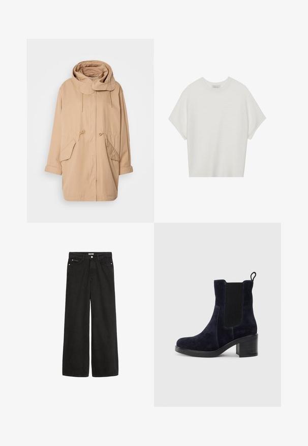 Beige hettejakke med snor, frontlommer og løs passform. Laget av lettvektig stoff, har den en rund krage og oppbrettede mansjetter.; Hvit t-skjorte med korte ermer, bred rund hals og teksturert ribbet mønster, laget av myk stoff, med en avslappet passform og et enkelt design.; Bredde ben svarte denimjeans med høy midje. Har fem lommer, metallhardware og en ren finish. Teksturen er glatt og myk.; Mørkeblå skinn ankelsko med elastisk sidepanel, avrundet tå og blokkhelt. Tekstilt stoff og glatt såle gir kontrast.