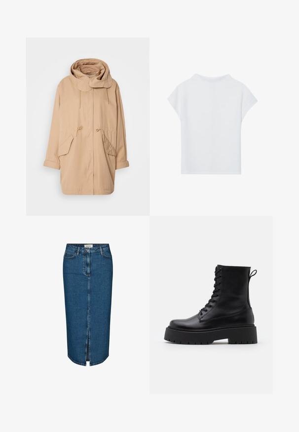 Μπέιζ καπιτονέ μπουφάν με κουκούλα και κορδόνι, μπροστινές τσέπες και χαλαρή εφαρμογή. Κατασκευασμένο από ελαφρύ ύφασμα, διαθέτει στρογγυλή κολάρη και διπλωμένα μανίκια.; Λευκή μπλούζα κοντομάνικη με χαλαρή εφαρμογή, ελαφριά υφή και στρογγυλή λαιμόκοψη. Η πίσω πλευρά δείχνει μια ομαλή, απλή σχεδίαση.; Τζιν μολυβένια φούστα σε σκούρο μπλε χρώμα, με μπροστινό σκίσιμο, πέντε τσέπες και αντίθετη ραφή. Μεσαία ψηλή μέση με κλασικό σχέδιο.; Μαύρες δερμάτινες μποτάκια μέχρι τον γ ankles με στρογγυλή μύτη, κορδόνια μπροστά και χοντρή ελαστική σόλα με υφή. Λωρίδα στην πλάτη.