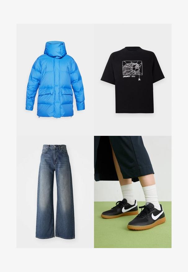 Mėlyna pūkinė striukė su struktūrizuota kapišonu, siuvinėtu raštu ir dviem užtrauktukais uždaromomis šoninėmis kišenėmis. Audinys atrodo lygus ir atspindintis.; Juodas medvilnės marškinėliai su trumpomis rankovėmis. Priekyje yra balta voratinklio grafika ir logotipas. Paprastas apvalus iškarpymas.; Mėlynos aukšto liemens plačios kojų džinsai su priekiniais mygtukais ir kišenėmis, nublukusi tekstūra ant šlaunų ir tiesus apdaila.; Juodos odinės ir sintetinių medžiagų sportbačiai su balta Nike swoosh, guminis padas, apvalus pirštas ir juodi raišteliai. Matomos banguotos baltos kojinės.