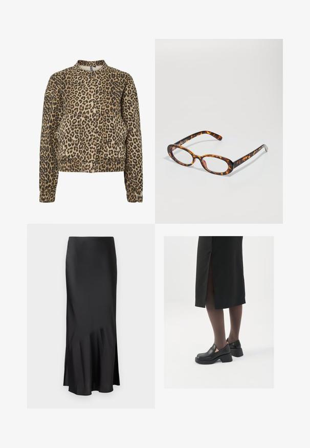 Leopardų rašto švarkas rudų ir smėlio atspalvių, su apvaliame kaklu, ilgomis rankovėmis ir dviem priekinėmis kišenėmis, pagamintas iš minkštos medžiagos.; Baltas be rankovių marškinėlis, pagamintas iš išklotinės medžiagos, su apvaliu iškirpimu ir prigludusia siluetu, minimaliais siūlais ir be dekoracijų.; Juodas satino midi sijonas su elegantišku dizainu, kuris turi šiek tiek platėjančią apatinę dalį ir šonine išpjova, užtikrinančia laisvą judėjimą. Lygus paviršius.; Juodos odinės bateliai su apvaliu nosiu, stora blokine pakulne ir elastingais šonais, derinami su tamsiomis pėdkelnėmis ir juoda sijonu su plyšiu.; Tortoise shell tipo akiniai su ovaliais lęšiais, turintys blizgų paviršių, siauras rankenas ir subtilius raštus, primenančius tigro juosteles.; Juodas odinis dėkliukas su atvarteliu ir auksinės metalinės sagties detalėmis. Įeina juodas diržas ir elegantiškas, minimalistinis dizainas.
