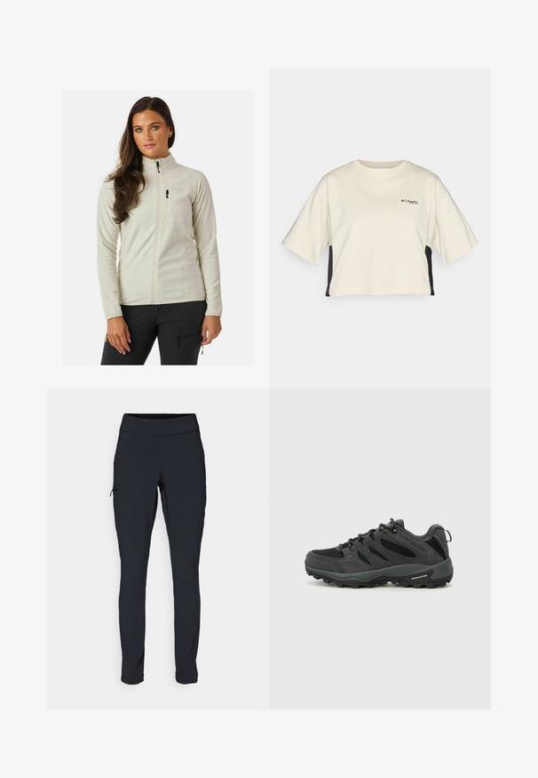 Fleecejacka i vitt med hög krage, framdragkedja och bröstficka. Har en mjuk textur och en smal passform.; Krämfärgad kortärmad t-shirt med rund hals, korta ärmar och svarta sidopanlar; har en liten svart logotyp på bröstet.; Svarta träningsbyxor med slim fit, elastisk midja och en sidficka med dragkedja. Slät, elastisk tyg med minimala sömmar.; Columbia REDMOND - Hikingskor - black/citron haze