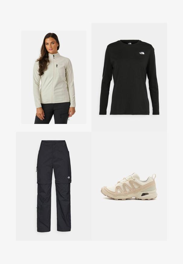 Fleece jacket in white with high collar, front zipper, and a chest pocket. Features smooth texture and slim fit design.; Black long-sleeve t-shirt made of cotton with a round neck. Features a small white logo on the left chest area. Simple design and fit.; Black nylon zip-off cargo trousers with adjustable cuffs, multiple pockets, and a logo on the right leg. Smooth, lightweight texture.; Beige and cream athletic shoe with textured mesh upper, supportive overlays, and rubber outsole featuring a tread pattern for traction.