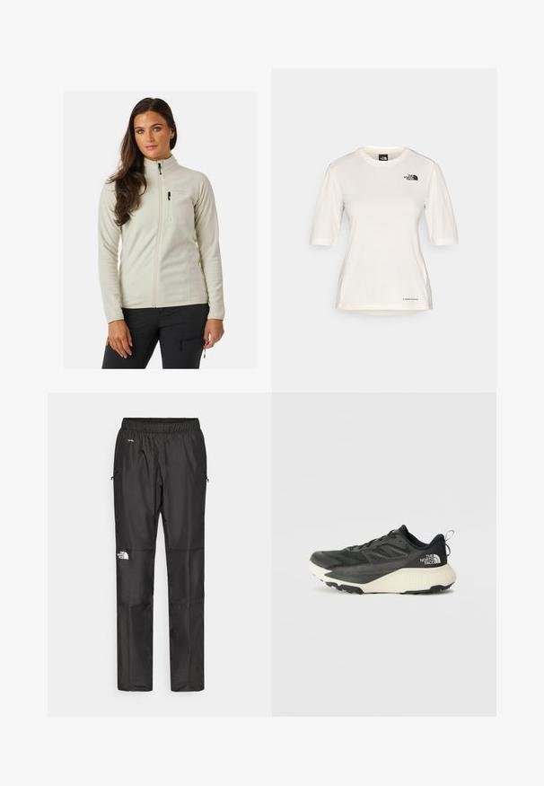 Giacca in pile bianca con colletto alto, zip frontale e tasca sul petto. Presenta una texture liscia e un design attillato.; The North Face SHADOW SHORT SLEEVE - T-Shirt sport - white dune; Pantaloni impermeabili neri realizzati in tessuto leggero, dotati di cintura elastica, tasche laterali e un logo sulla gamba sinistra.; Scarpa da ginnastica nera con tomaia testurizzata, con accenti grigi e un sottopiede bianco. Include una linguetta sul retro e un logo del marchio ben visibile sul tallone.