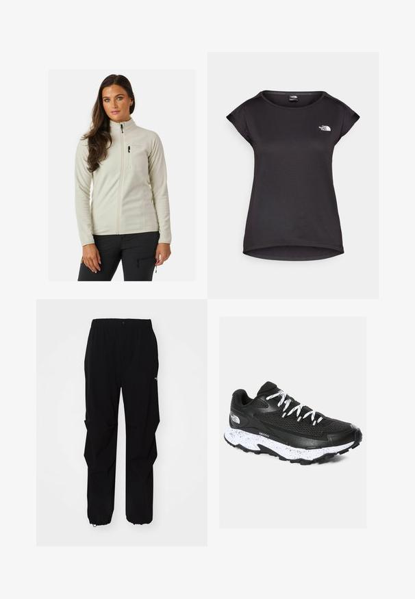 Valkea fleece-takki korkealla kauluksella, etuvetoketjulla ja rinnassa taskulla. Ominaisuudet: sileä pinta ja slim fit -muotoilu.; The North Face TANKEN TANK - Tekninen t-paita - black; Mustat ulkoiluhousut, jotka on valmistettu kestävästä materiaalista. Niissä on rento istuvuus, joustava vyötärö sekä kiristettävät hihnat, jotka mahdollistavat säädettävän pituuden.; Mustat urheilukengät, joissa on verkkopäällinen ja teksturoitu muotoilu. Varustettu valkoisella pilkullisella välipohjalla, paksulla mustalla ulkopohjalla ja heijastavilla nauhoilla.