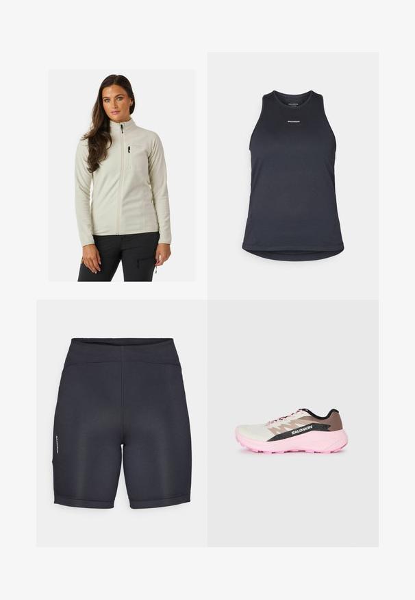 Fleecejacke in Weiß mit hohem Kragen, Frontreißverschluss und einer Brusttasche. Verfügt über eine glatte Textur und ein schlankes Designs.; Dunkelgraues sportliches Tanktop aus strukturiertem Stoff; hat einen Rundhalsausschnitt und die Marke "SALOMON" in Weiß auf der Vorderseite aufgedruckt.; Schwarze Sportshorts aus glattem, dehnbarem Stoff. Mit hohem Bund und seitlichem Logo-Detail. Einfaches, elegantes Design.; Leichter Laufschuh in Weiß, Braun und Pink. Mit einem atmungsaktiven Obermaterial, strukturierten grauen Akzenten und einer pinken Gummisohle.