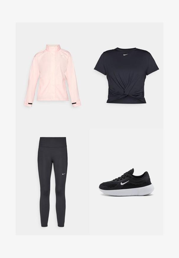 Lichtroze waterdichte jas met een hoge kraag, lange mouwen en zwarte accenten bij de polsen. Voorzien van een klein wit logo op de borst.; Zwarte sportieve T-shirt van gladde stof, met een geknoopt ontwerp aan de voorkant en een klein wit Nike-logo op de borst.; Zwarte legging van rekbare stof met een hoge tailleband en een wit Nike-logo op de linkerdij. Gladde textuur, aansluitend ontwerp.; Zwarte sportschoen met een bovenwerk van mesh, een gestructureerd ontwerp, ronde neus, witte rubberen zool en een Nike-logo aan de zijkant.